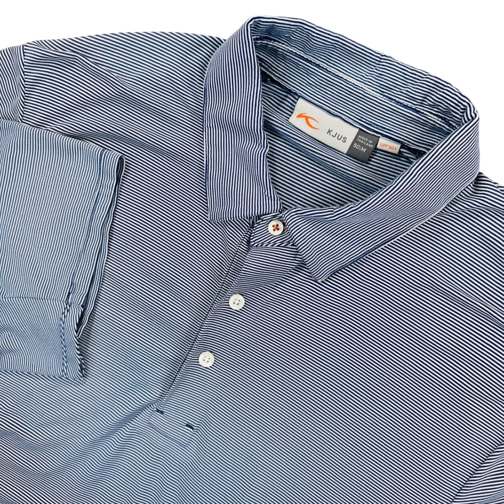 KJUS Soren Polo Golf Shirt Mens M Navy White Micro Stripe UPF 50+ Stretch Casual